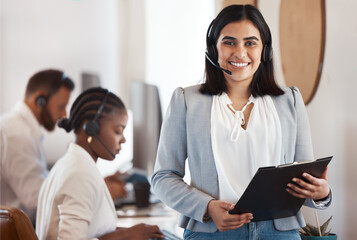 Call center, customer support and portrait of a consultant with clipboard for management in the...