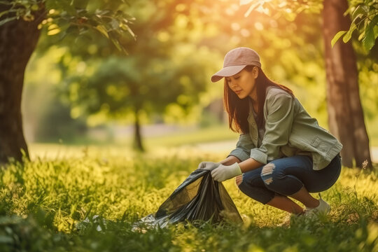 Asian woman in public service cleaning up trash in city park, generative ai