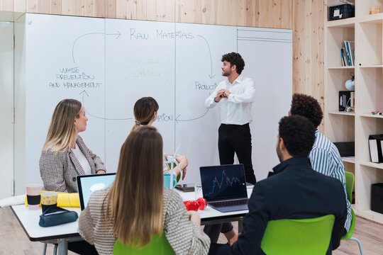 Businessman giving a presentation to colleagues in office