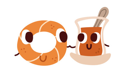 Turkish simit and tea cup characters. Funny vector illustration.
