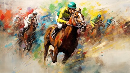 Cup Day at the Races, Horses racing at Melbourne Cup Day, Abstract Art, Digital Illustration, Generative AI - obrazy, fototapety, plakaty