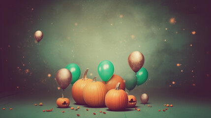Halloween party background with pumpkins, balloons and smoke. Dark pastel background. Generative AI.