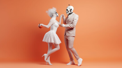 Fototapeta na wymiar Young handsome wedding couple in love in retro outfit and makeup with elements of halloween. Pastel orange colors. Generative AI.
