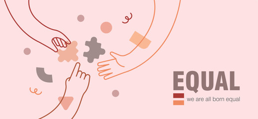 Diverse human hand together equality concept card illustration