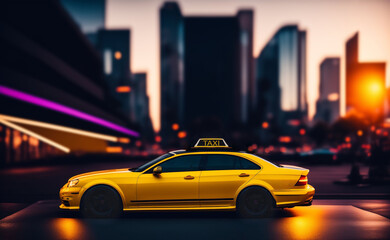 modern yellow taxi moves on the night street. TAXI waiting client in night town on big illuminated city life. neon lights. urban background. service of public transport.  Generative ai