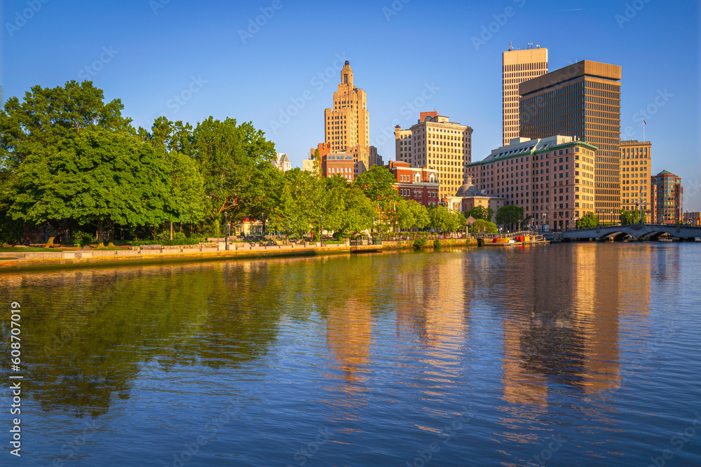 Wall mural providence city skyline, buildings, trees, water reflections on the river walk park in rhode island,