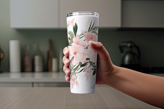 Realistic Hand Holding 20oz Skinny Tumbler Mockup With Full Wrap Design Showcase Your Custom Artwork And Branding