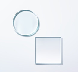 Round and square glass shapes isolated on white background.