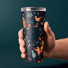 Realistic Hand Holding 20oz Skinny Tumbler Mockup with Full Wrap Design Showcase Your Custom Artwork and Branding