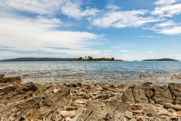 Fototapeta na wymiar Holiday in croatia: View from an island at Blue Lagoon in spring outdoors