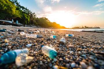 Plastic bottles and waste washed up on a beach. Micro plastic sea pollution. Generative AI