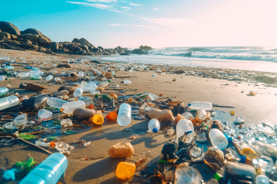 Plastic bottles and waste washed up on a beach. Micro plastic sea pollution. Generative AI
