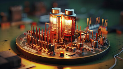 Vintage but high tech looking circuits with vacuum tubes and glowing components