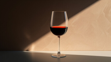 A glass of red wine in a sunlit room.