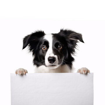 Cute dog posing with a blank white banner