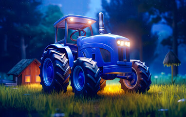 Blue toy tractor 3d render at night time. Realistic lighting. Generative Ai