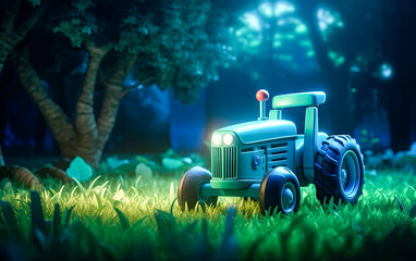 Blue toy tractor 3d render at night time. Realistic lighting. Generative Ai