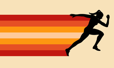 Sprinting woman vector silhouette. Sprint, fast run. Runner starts running. Start. Vintage Striped Backgrounds, Posters, Banner Samples, Retro Colors from the 1970s 1980s, 70s, 80s, 90s. retro vintage