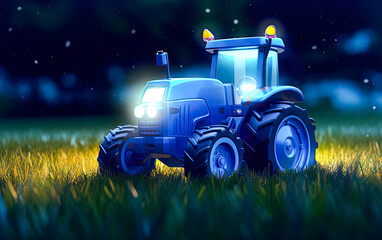 Blue toy tractor 3d render at night time. Realistic lighting. Generative Ai
