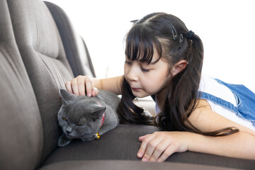 child girl hugging a cat. Happy family mother father and daughter with cat resting in living room at home