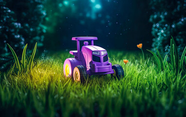 Purple toy tractor 3d render at night time. Realistic lighting. Generative Ai