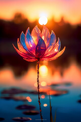 Macro photography of an epic sunset at a beautiful scenic lake as seen through the translucent petal of a flower blooming in the grass. AI generative