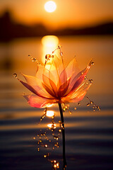 Macro photography of an epic sunset at a beautiful scenic lake as seen through the translucent petal of a flower blooming in the grass. AI generative