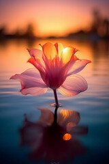 Macro photography of an epic sunset at a beautiful scenic lake as seen through the translucent petal of a flower blooming in the grass. AI generative