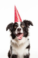 Cute dog celebrating with a red party hat. Generative AI