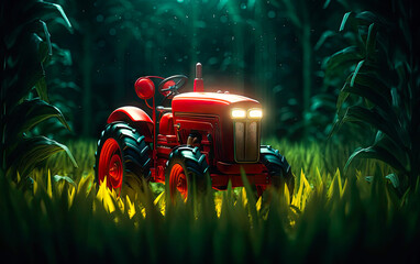 Red toy tractor 3d render at night time. Realistic lighting. Generative Ai