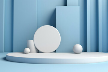 Minimal scene with podium and abstract background. Pastel blue and white colors scene. AI generative