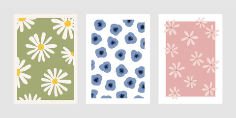 Hand drawn vector cards set with cute wildflowers. Lovely floral posters. Blooming collection of charming postcards for spring and summer designs, prints. Trendy flat illustration