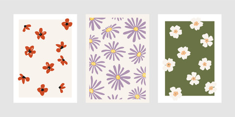 Hand drawn vector cards set with cute wildflowers. Lovely floral posters. Blooming collection of charming postcards for spring and summer designs, prints. Trendy flat illustration