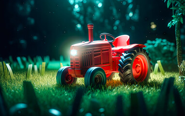 Red toy tractor 3d render at night time. Realistic lighting. Generative Ai
