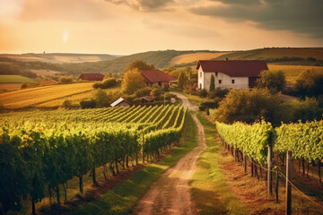Fototapeta premium Vineyards with grapevine and winery along wine road in the evening sun. AI generative