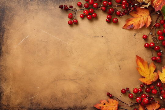 Colored mixed autumnal leaves and red berries in square on brown background, top view with copy space. Ai generative