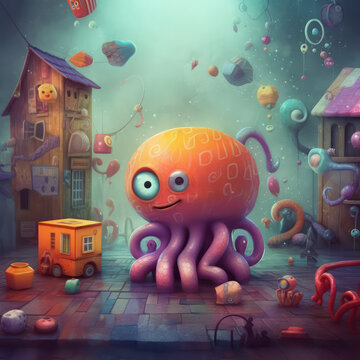 Cute Octopus, Childrens Book Illustration, Generative AI