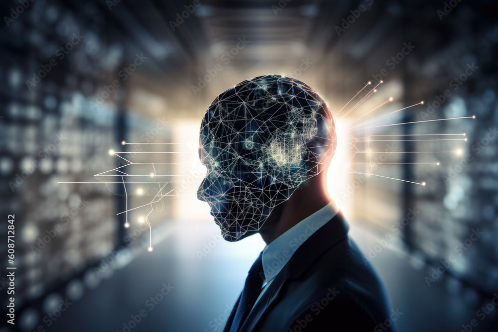 Poster futuristic potrait of man with glowing lines, created with generative ai.