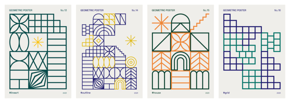 Abstract modern geometric posters. Vector patterns influenced by art deco and minimalism. Trendy geometric backgrounds for prints, covers, invitations or cards. Architectural and line art shape set.
