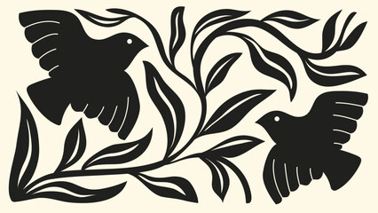 Abstract botanical art background vector. Natural hand drawn pattern design with bird, leaves, branch. Simple contemporary style illustrated Design for fabric, print, cover, banner, wallpaper.