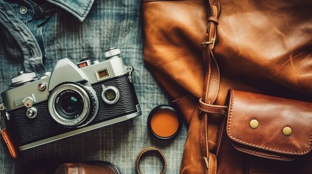 a camera and a bag on a blanket. Generative AI Art.