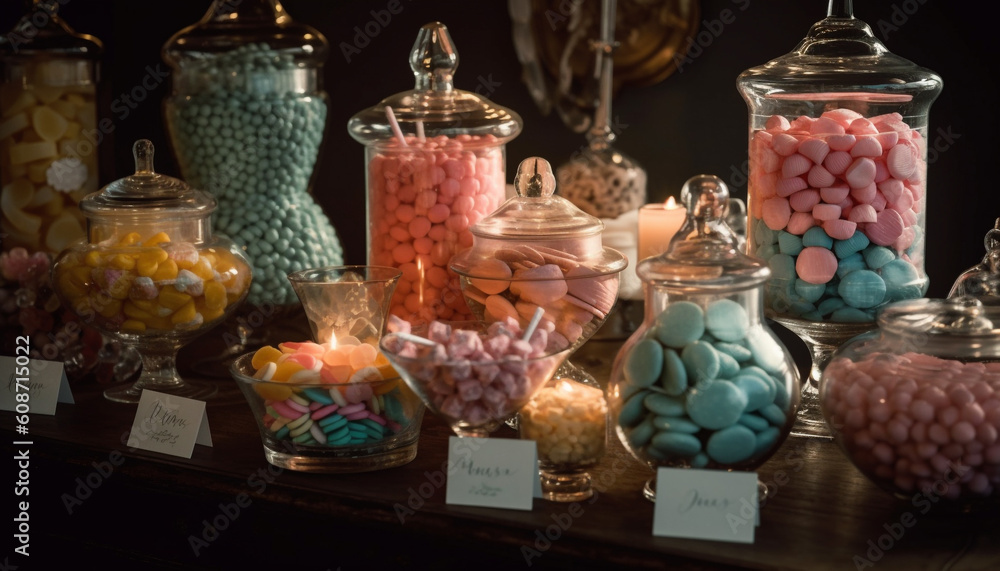Poster a luxury container of multi colored painkillers arranged on a table generated by ai