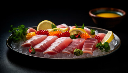 Fresh seafood and meat on black plate, Japanese delicatessen meal generated by AI