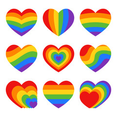 Rainbow hearts in colors of LGBTQ flag isolated on white background. Set of LGBT symbols. Vector elements for Pride Month design, sticker pack