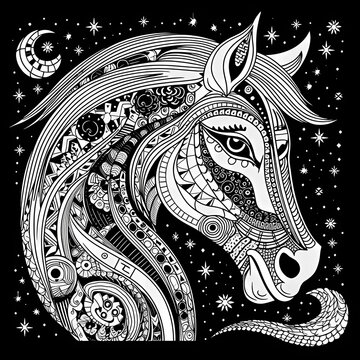 Horse head profile decorated with doodles and black background