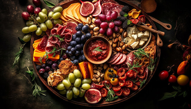 A gourmet tapas meal with smoked meat, Camembert, and wine generated by AI