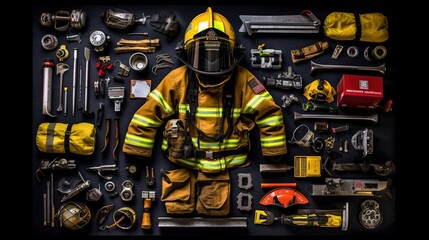 a firefighter uniform and tools. Generative AI Art.