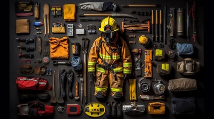 a firefighter uniform and many tools. Generative AI Art. - 608716214