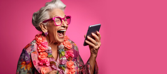 Funny old woman looking at a smartphone screen and laughing. Generative AI