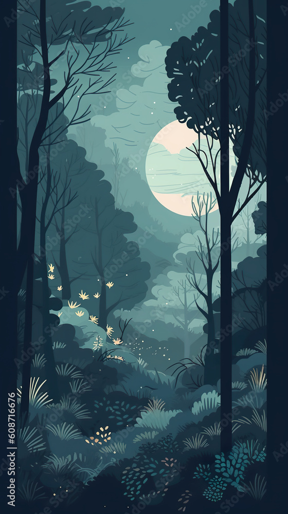 Poster a forest scene with a full moon in the sky. generative ai.